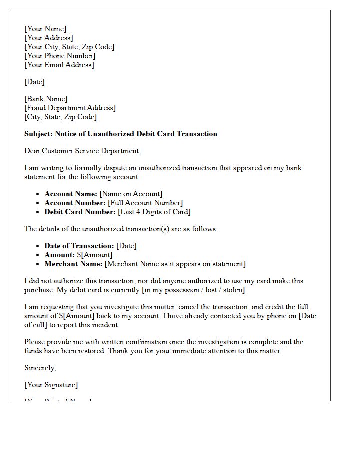Notice of Unauthorized Debit Card Transaction Letter