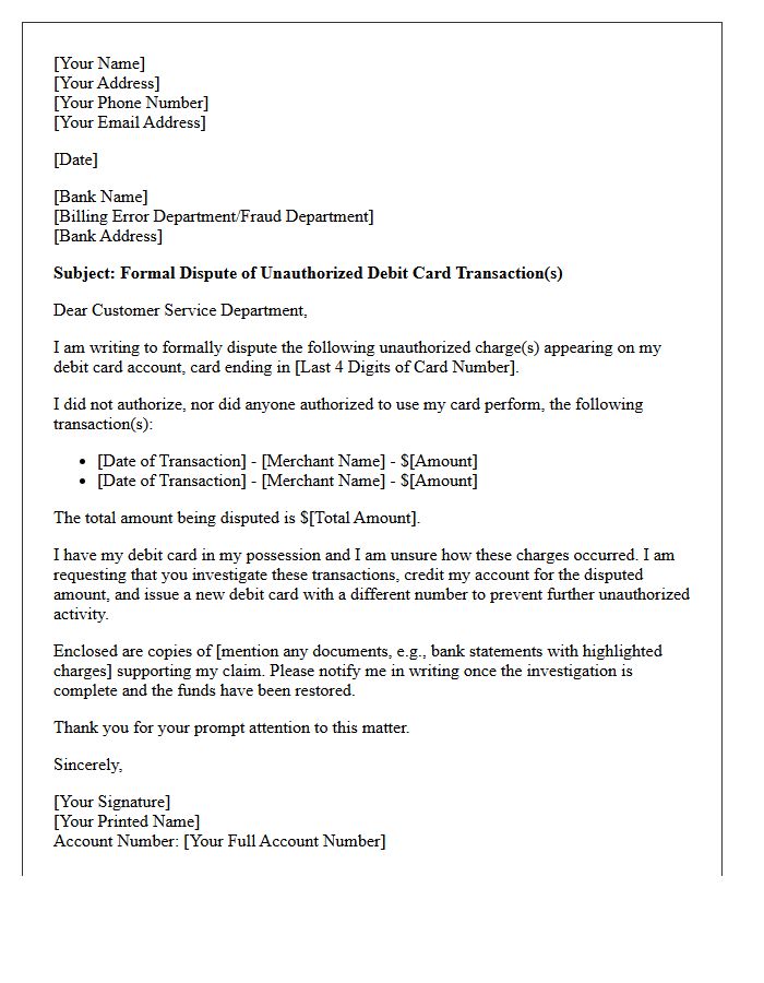 Official Letter of Unauthorized Debit Card Charges