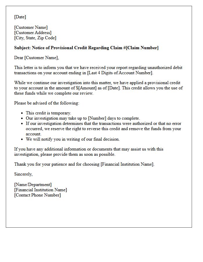 Provisional Credit Letter for Unauthorized Debit Transactions