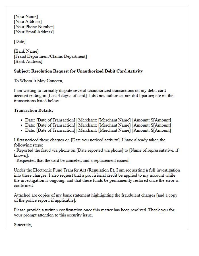 Resolution Letter for Unauthorized Debit Card Activity