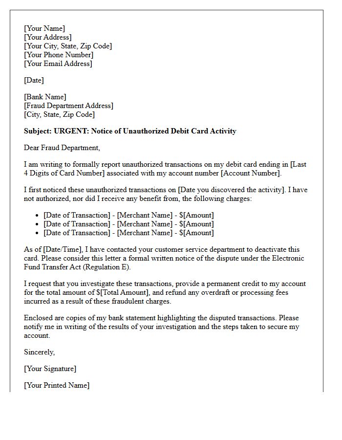 Urgent Letter Regarding Unauthorized Debit Card Activity