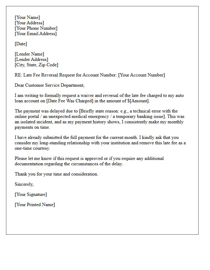 Auto Loan Late Fee Reversal Appeal Letter