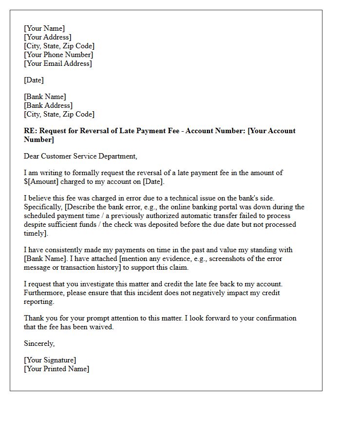 Letter for Reversal of Late Payment Fee Due to Bank Error