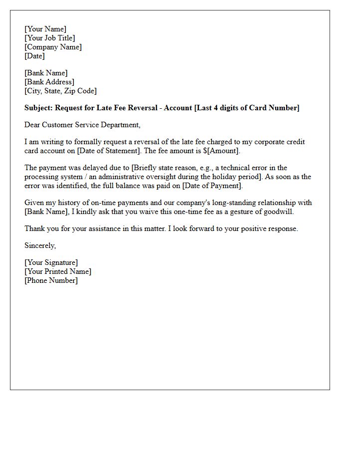Letter of Request for Corporate Credit Card Late Fee Reversal