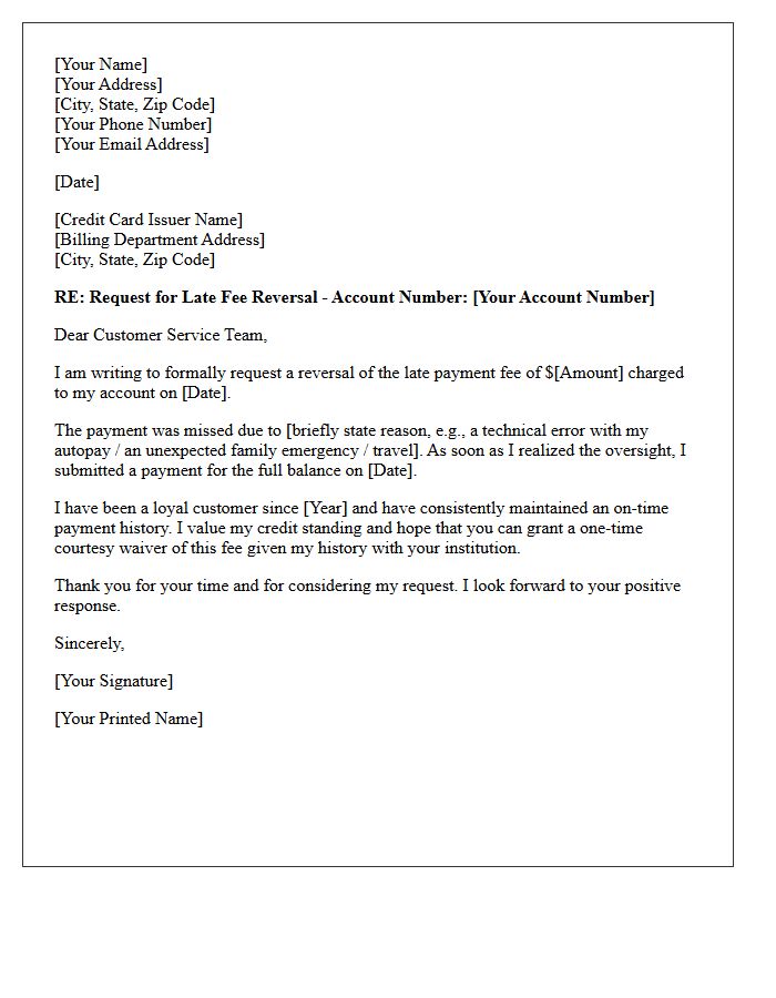 Letter Requesting Reversal of Credit Card Late Payment Fee