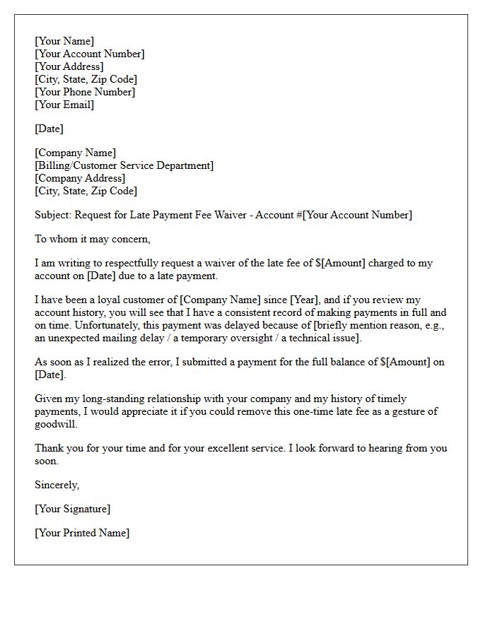 Loyal Customer Late Payment Fee Waiver Letter