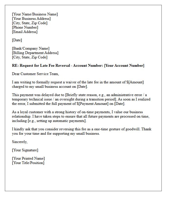 Small Business Account Late Fee Reversal Letter