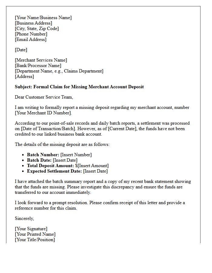 Claim Letter for Missing Business Merchant Account Deposit