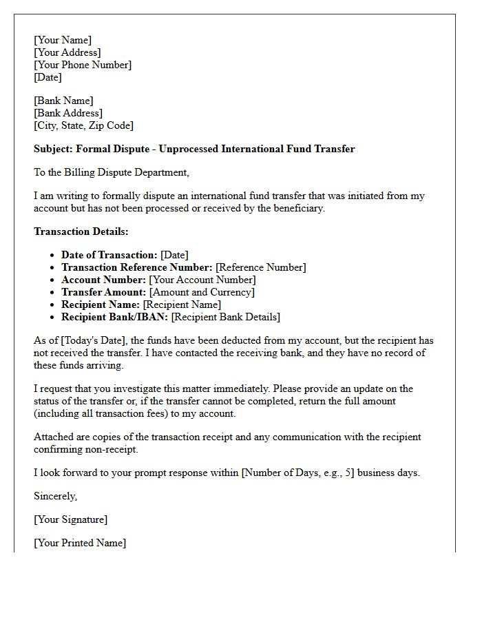 Dispute Letter for Unprocessed International Fund Transfer