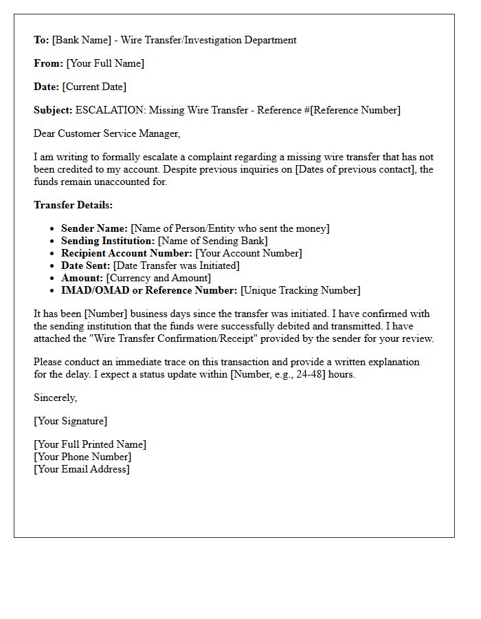 Escalation Letter Regarding Missing Wire Transfer Deposit