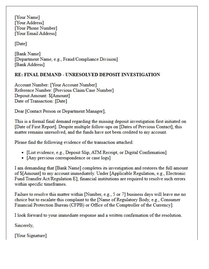 Final Demand Letter for Missing Bank Deposit Investigation