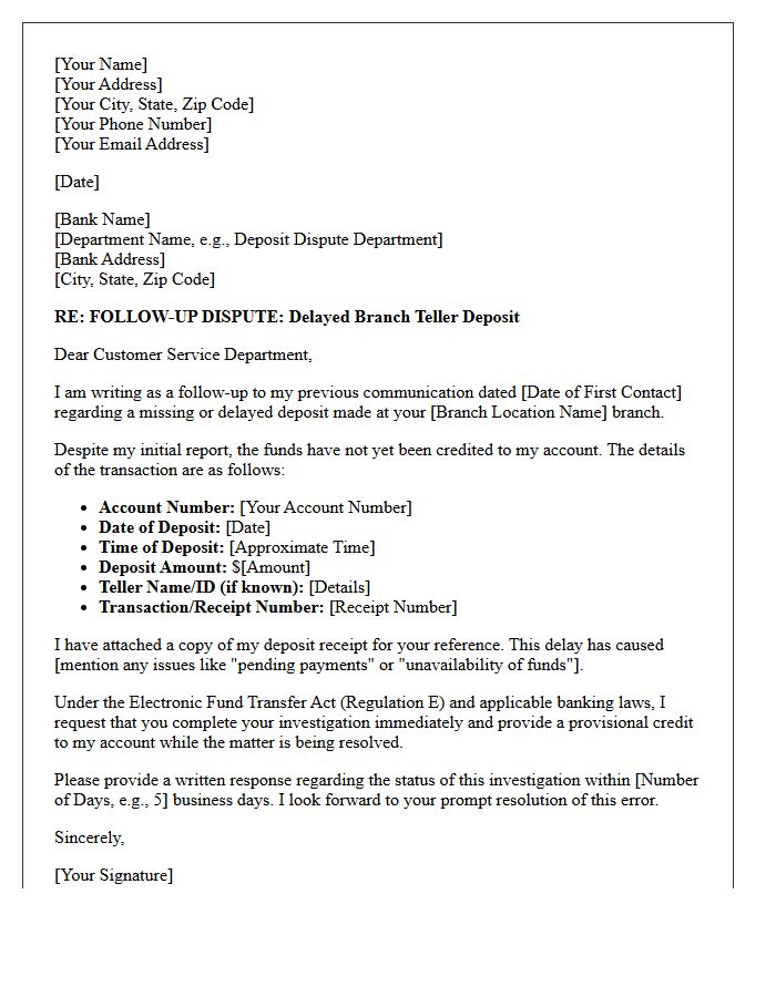 Follow-Up Dispute Letter for Delayed Branch Teller Deposit