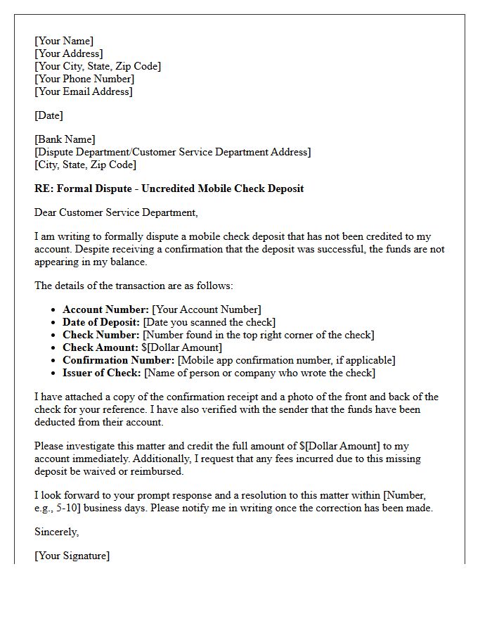 Formal Dispute Letter for Uncredited Mobile Check Deposit