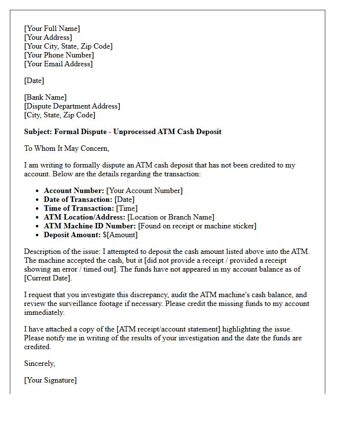Initial Dispute Letter for Unprocessed ATM Cash Deposit