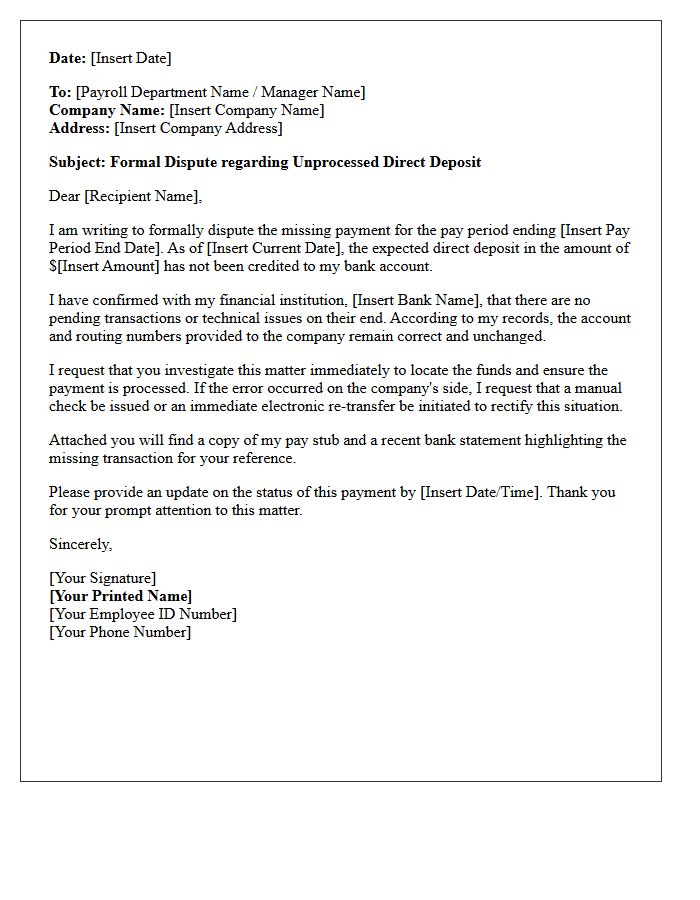 Letter of Dispute for Unprocessed Employer Direct Deposit