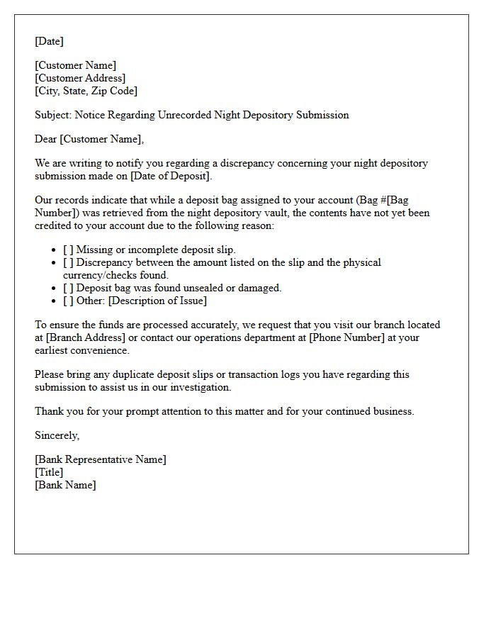 Notice Letter for Unrecorded Night Depository Submission