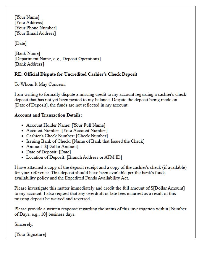 Official Dispute Letter for Uncredited Cashier Check Deposit