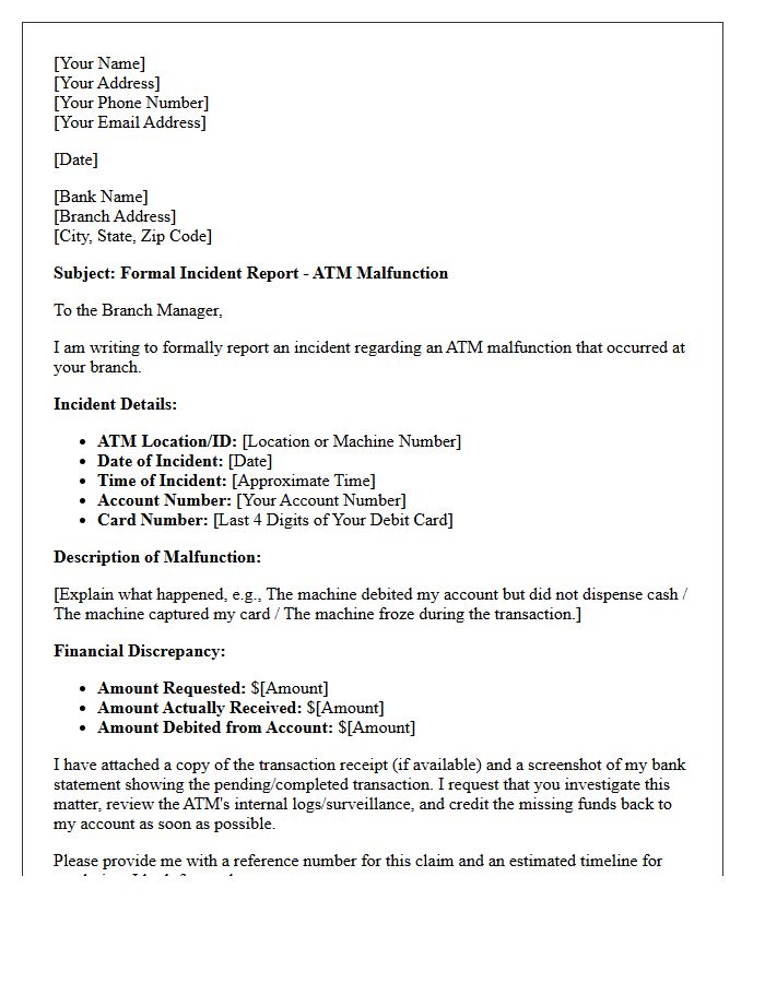 Bank Branch Incident Report Letter for ATM Malfunction