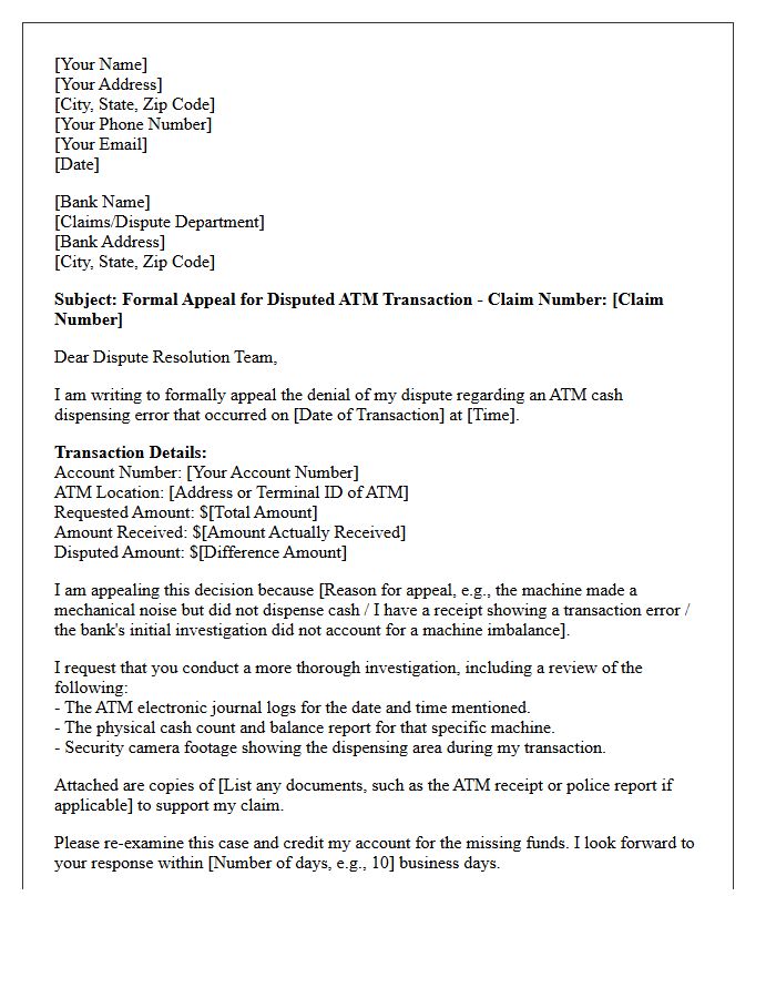 Customer Appeal Letter for Disputed ATM Cash Dispensing