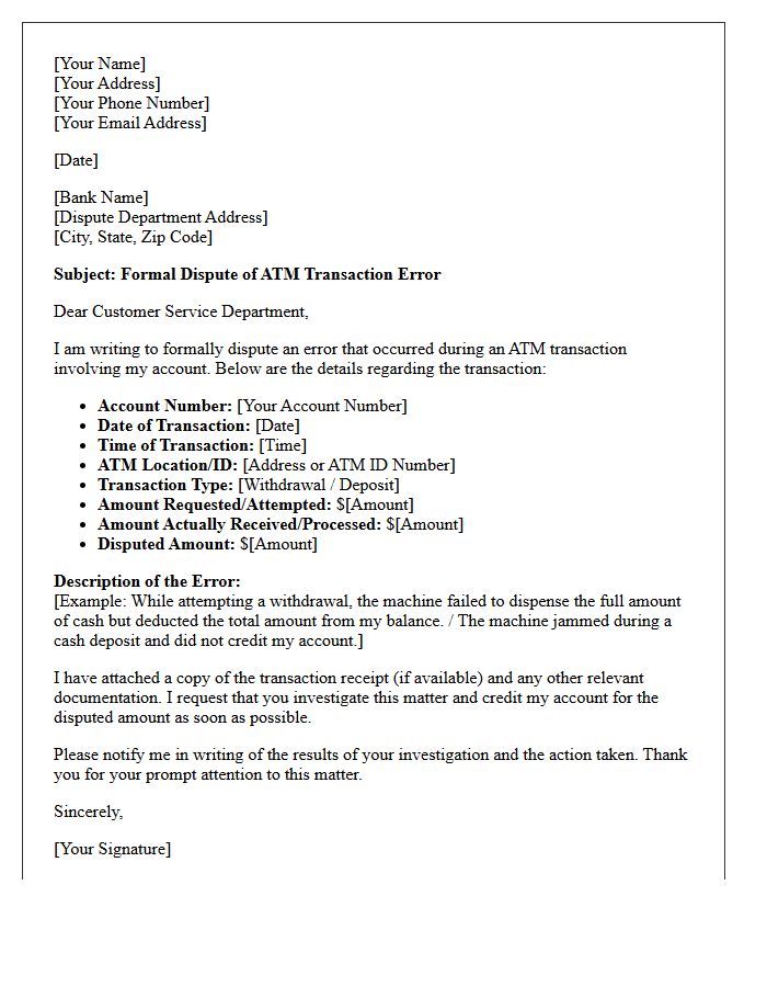 Customer Dispute Letter for Automated Teller Machine Error