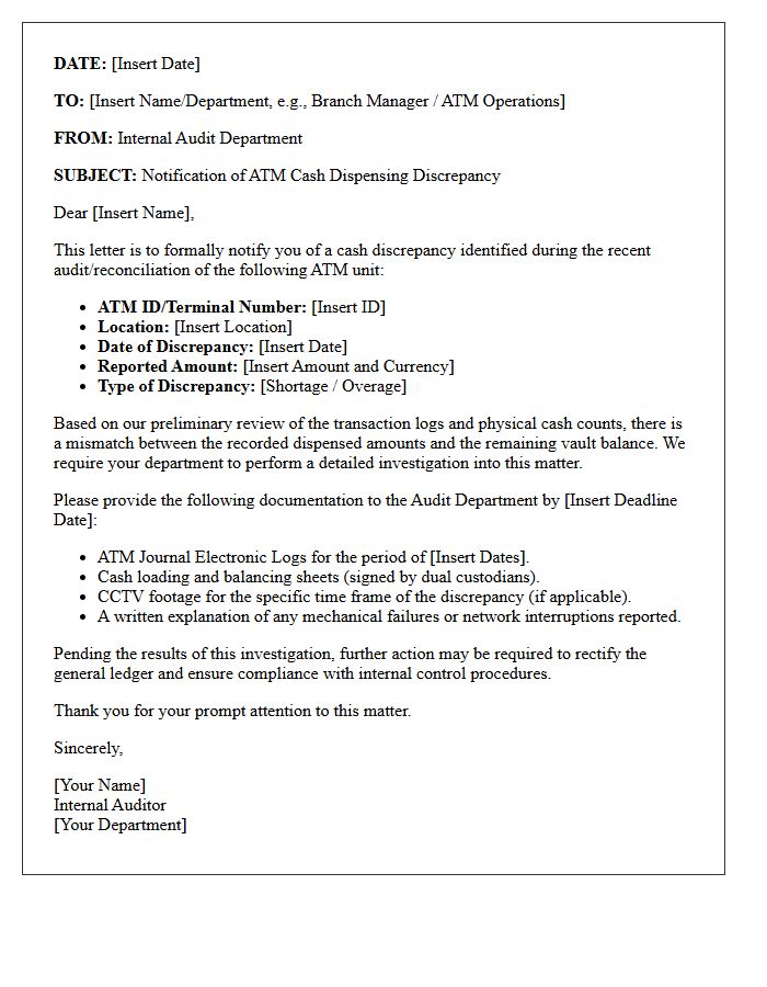Internal Audit Letter Regarding ATM Cash Dispensing Discrepancy