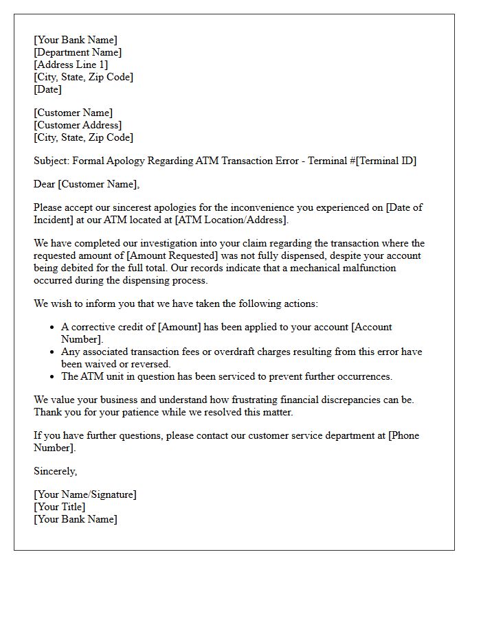 Letter of Apology for Automated Teller Machine Dispensing Error