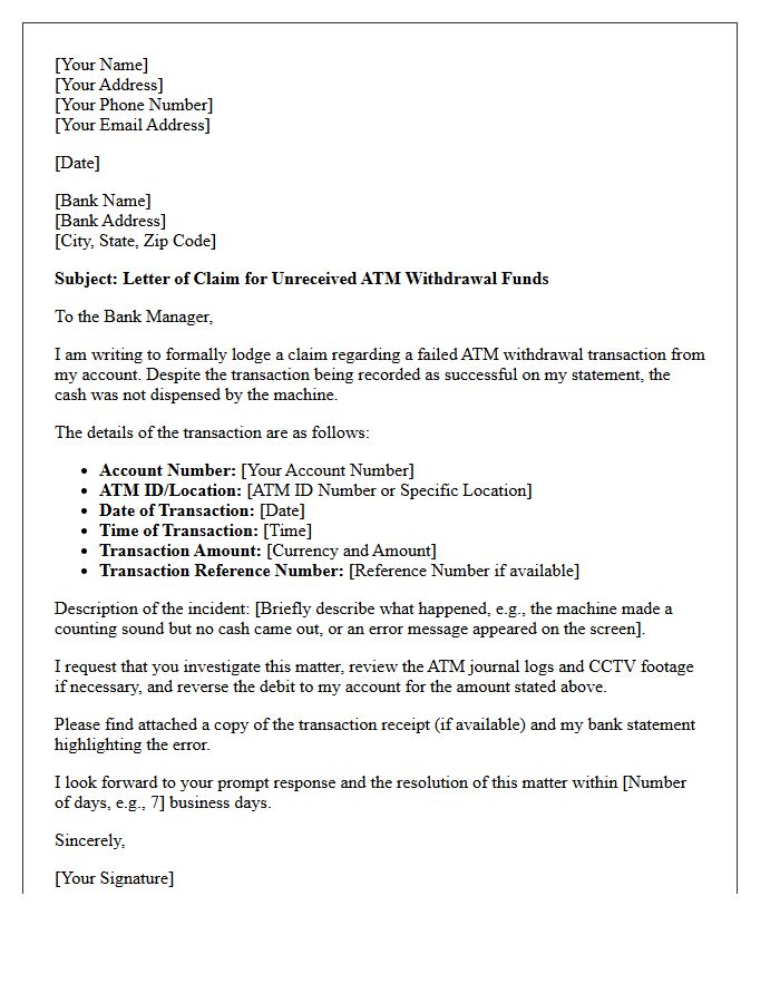 Letter of Claim for Unreceived ATM Withdrawal Funds