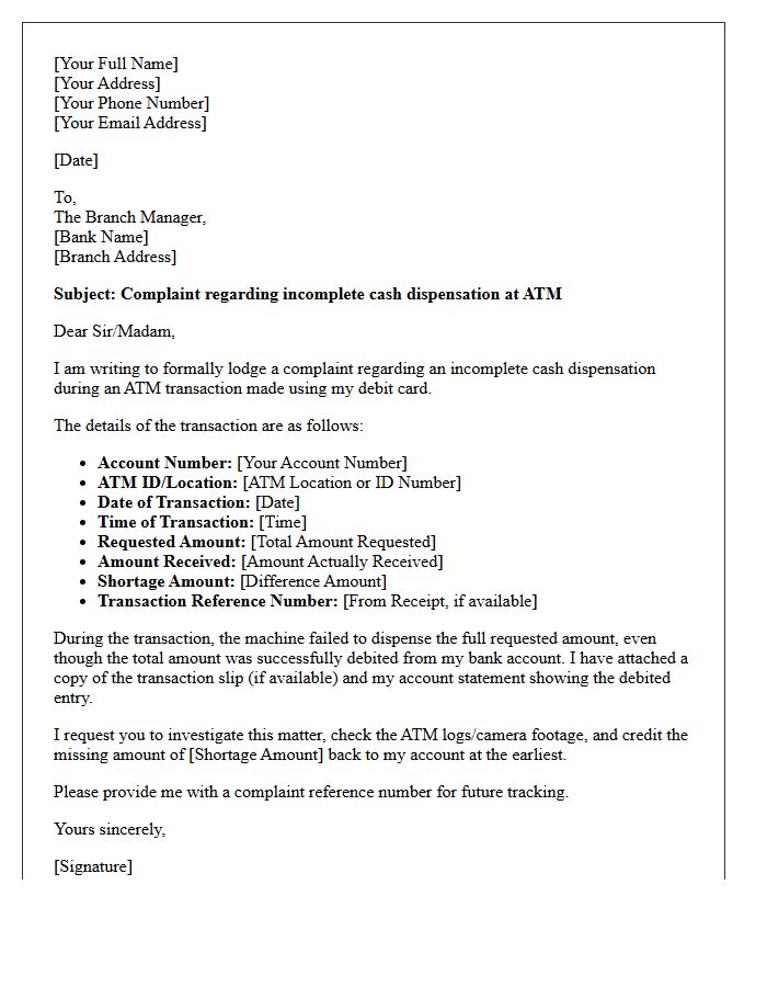 Letter of Complaint for Incomplete ATM Cash Dispensation