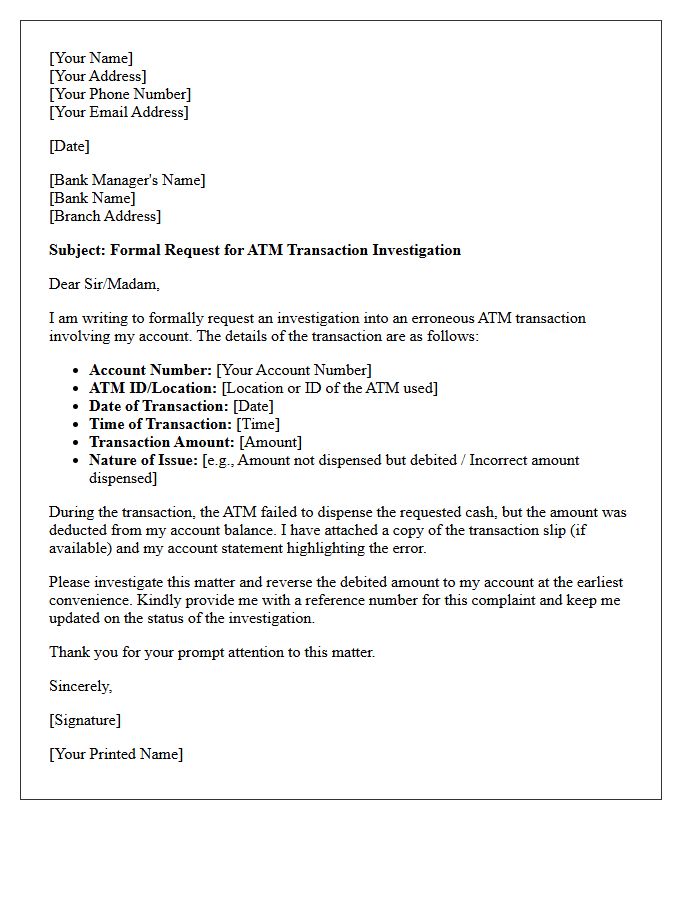 Letter of Request for ATM Transaction Investigation