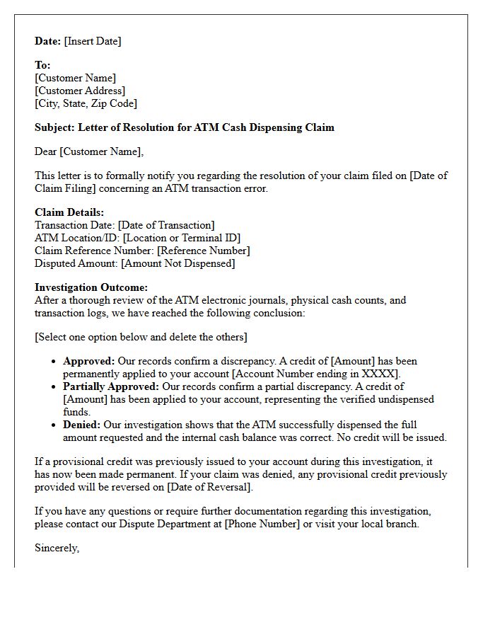 Letter of Resolution for ATM Cash Dispensing Claim