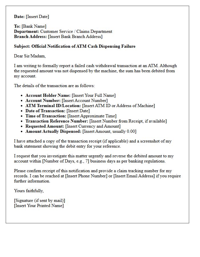 Official Notification Letter of ATM Cash Dispensing Failure