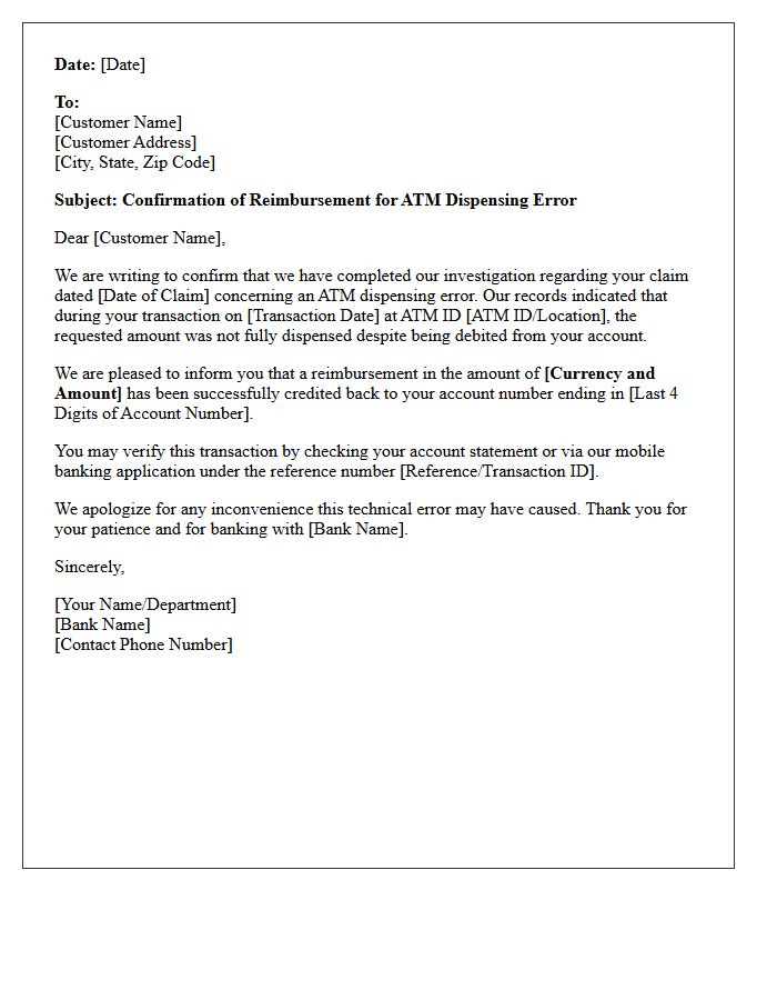 Reimbursement Confirmation Letter for ATM Dispensing Error