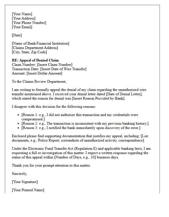 Appeal of Denied Wire Transfer Claim Letter