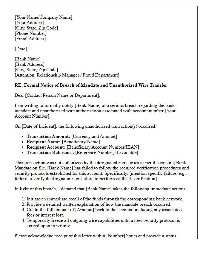 Bank Mandate and Wire Authorization Breach Letter