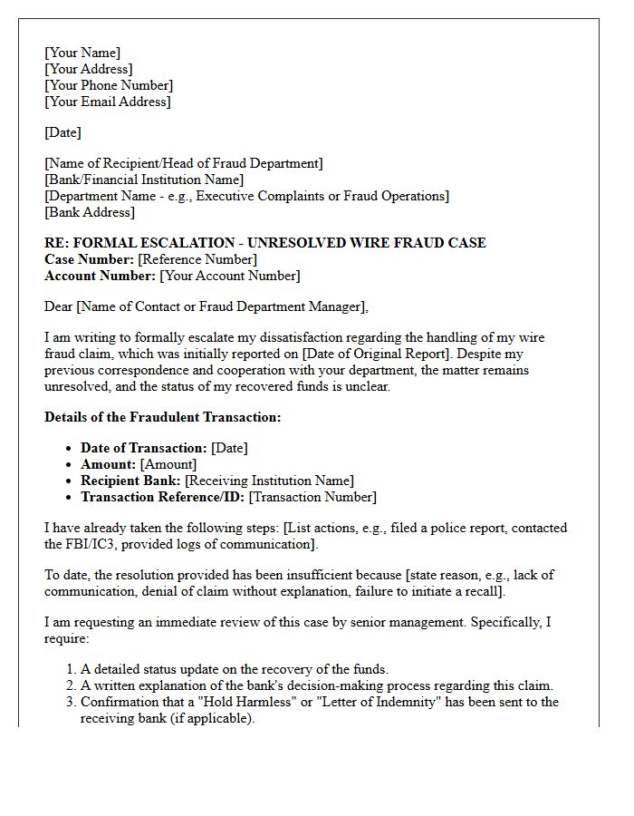 Escalation of Unresolved Wire Fraud Letter