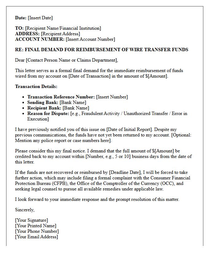 Final Demand for Wire Funds Reimbursement Letter