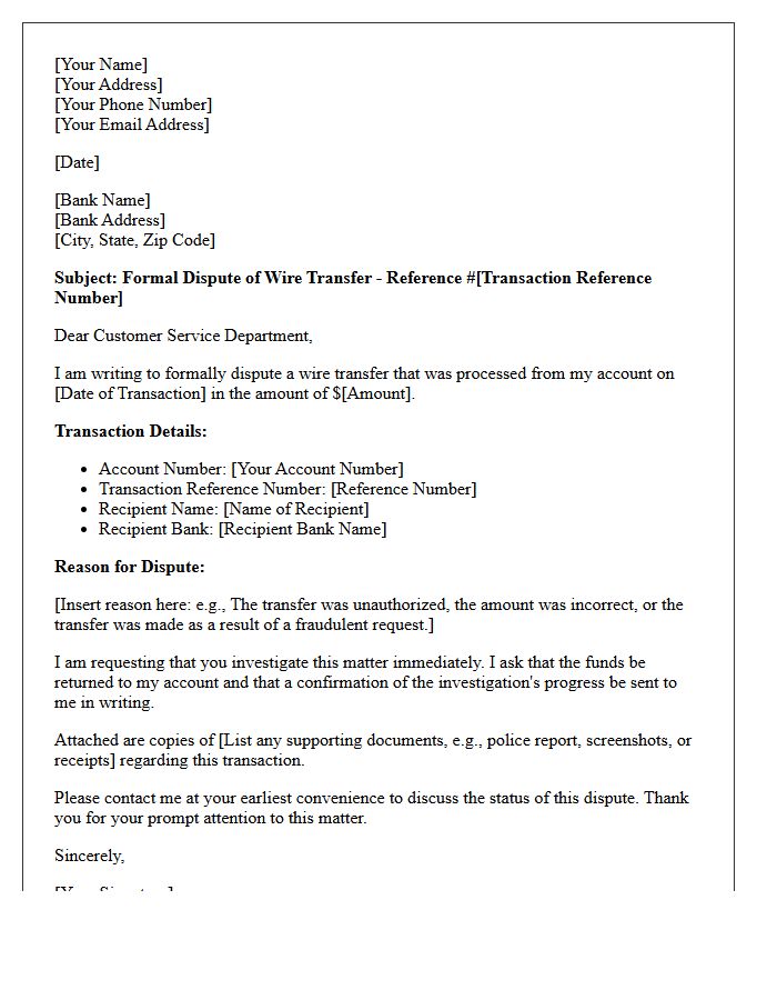 Formal Wire Transfer Dispute Letter