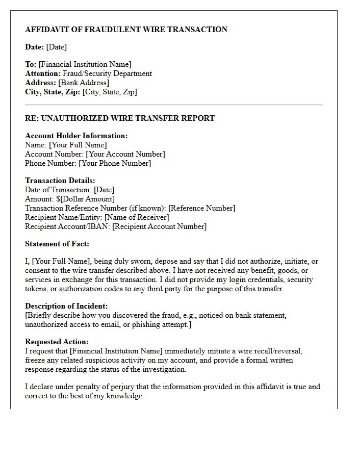 Fraudulent Wire Transaction Affidavit Letter