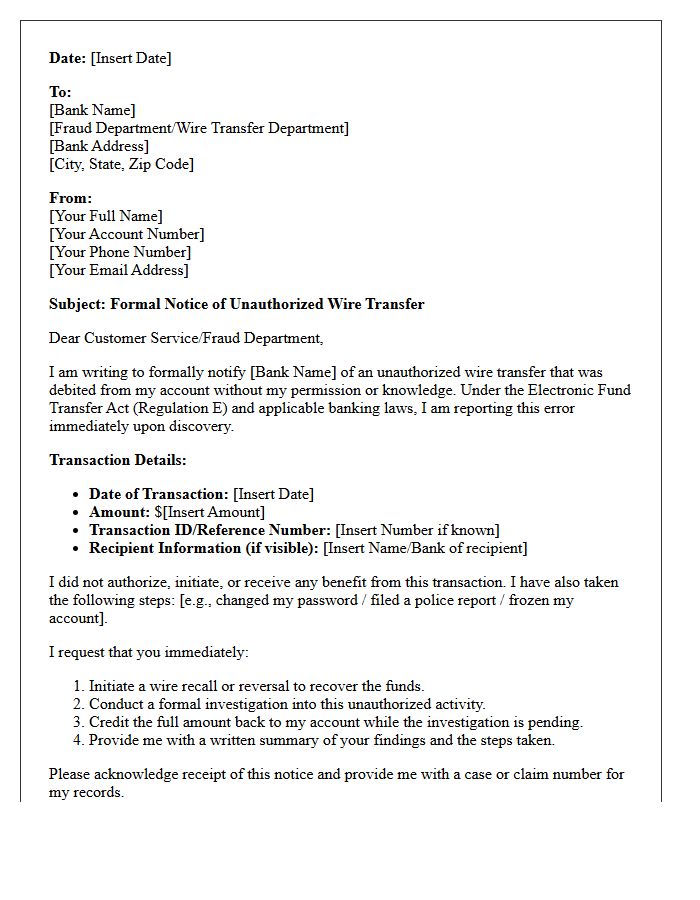 Initial Notice of Unauthorized Wire Transfer Letter