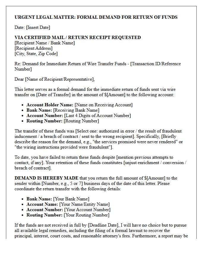 Pre-Litigation Wire Transfer Demand Letter