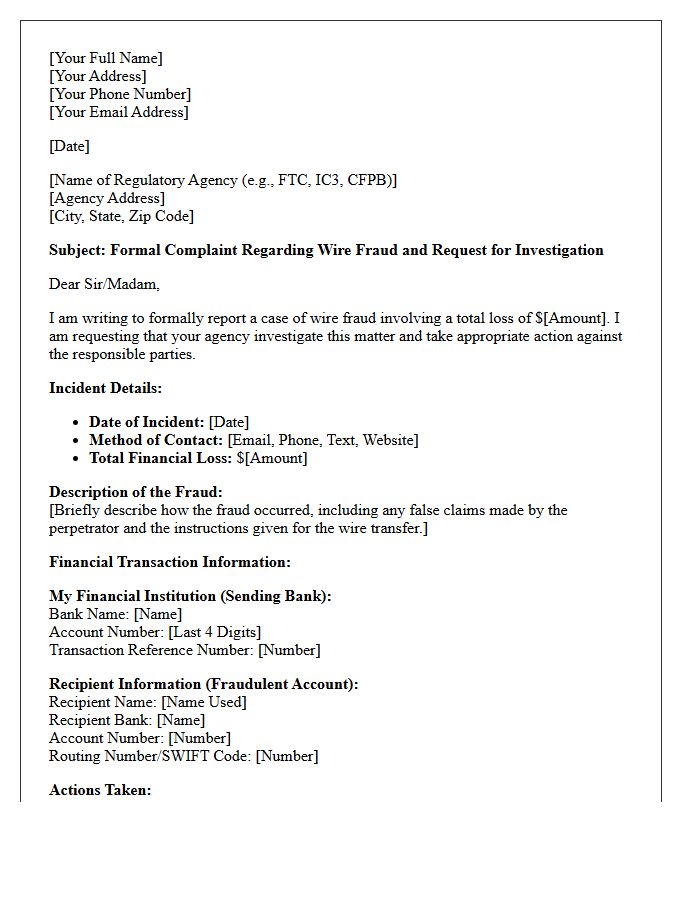 Regulatory Agency Wire Fraud Complaint Letter