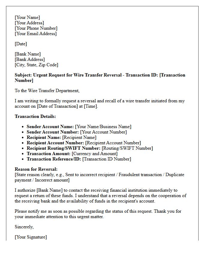 Request for Wire Transfer Reversal Letter