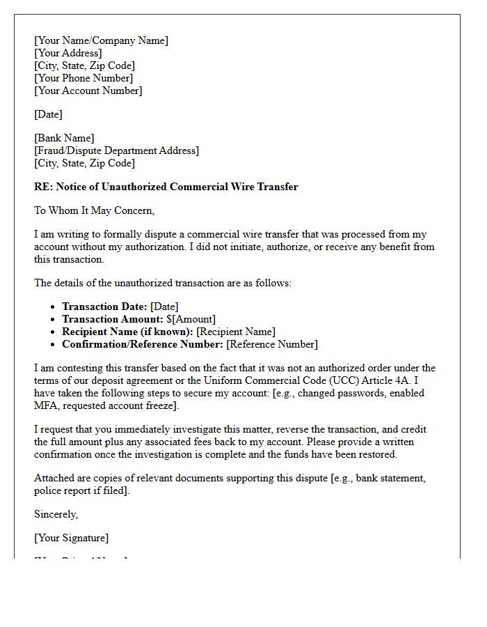 Unauthorized Commercial Wire Dispute Letter