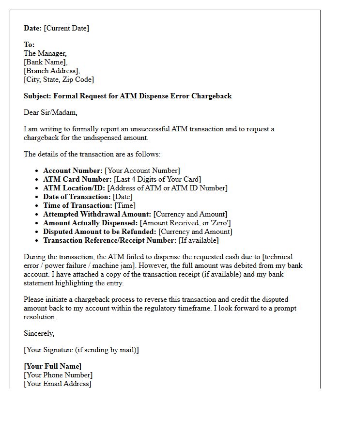 ATM Dispense Error Chargeback Initiation Request Letter