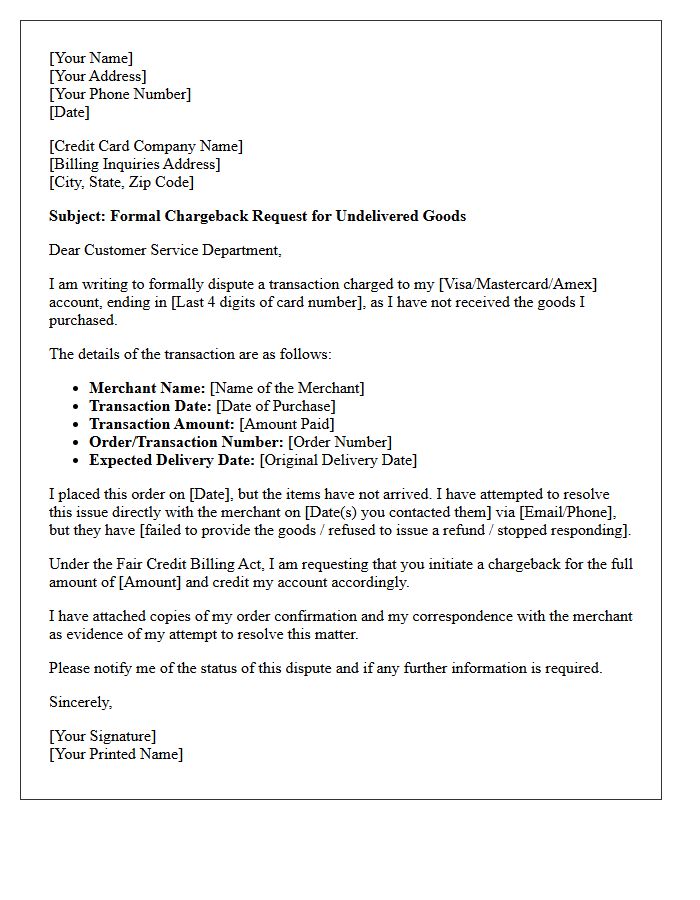 Chargeback Initiation Request Letter for Undelivered Goods