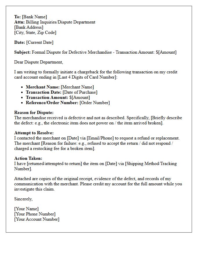 Defective Merchandise Chargeback Initiation Request Letter