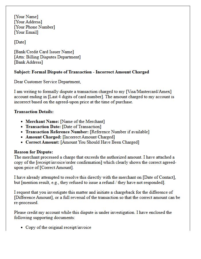 Incorrect Transaction Amount Chargeback Initiation Request Letter