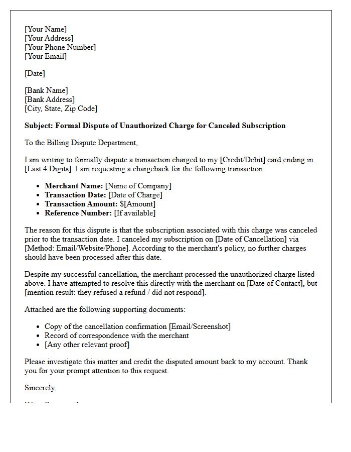 Letter for Canceled Subscription Chargeback Initiation