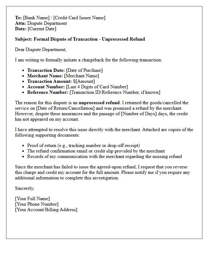 Letter for Chargeback Initiation Regarding Unprocessed Refund