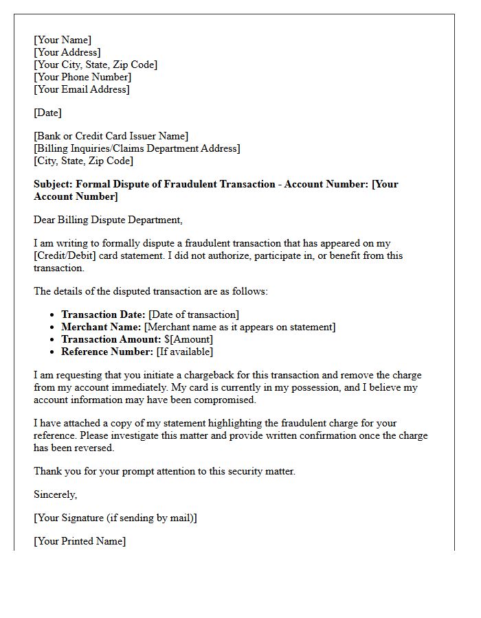 Letter for Fraudulent Transaction Chargeback Initiation